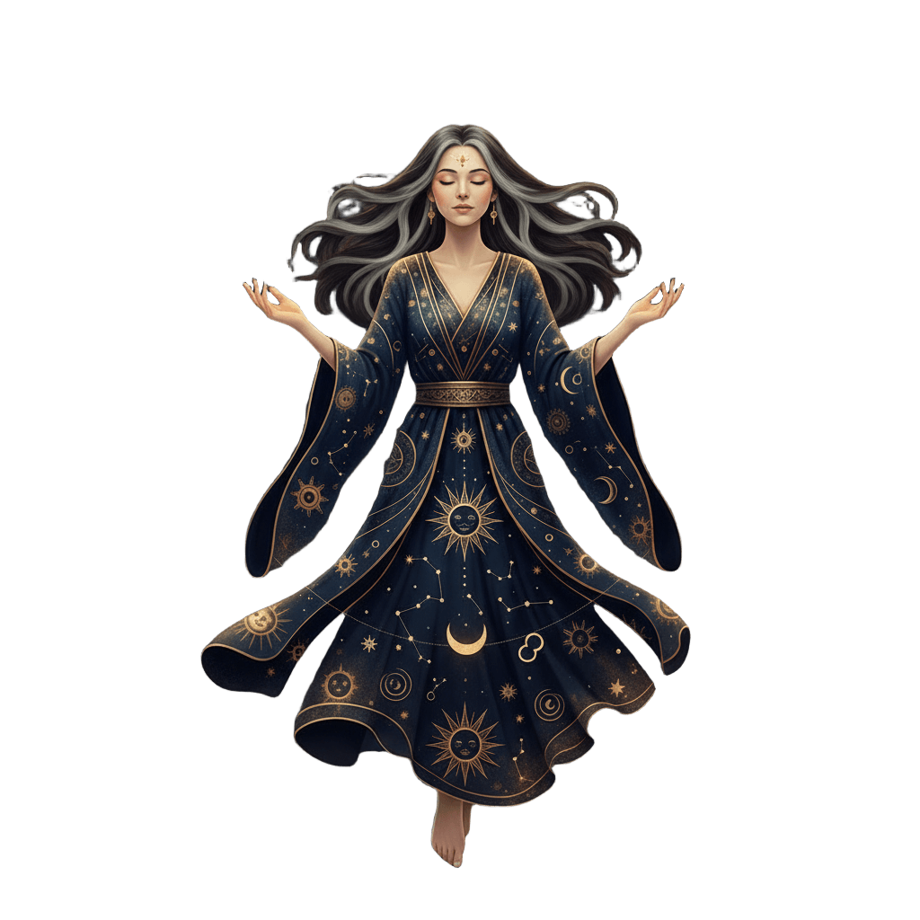 Illustration of a serene celestial figure in a star-patterned robe, floating — Akhtar